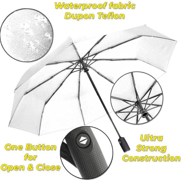 Compact Folding Umbrella for Rain Windproof Automatic Open Close (102 cm) diameter - White 11
